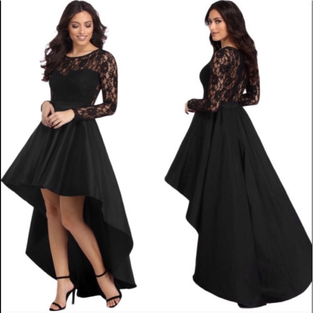 Black Lace High Low Satin Dress